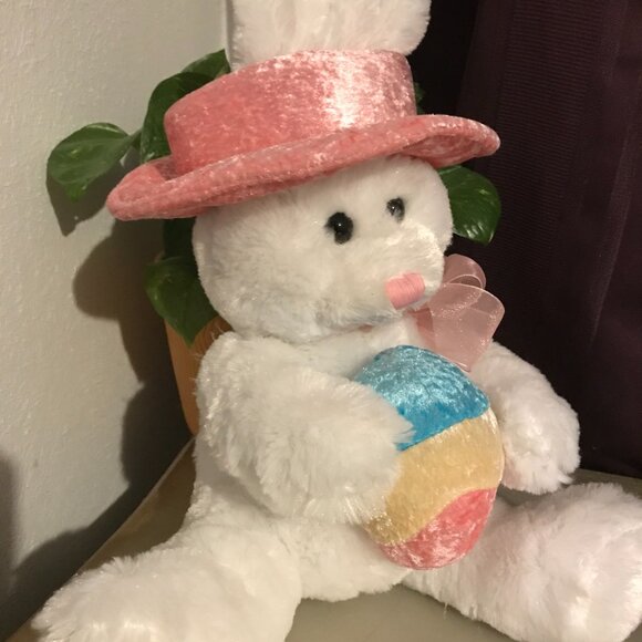 Soft Classics white stuffed bunny with colorful easter egg, hat and ribbon scarf - Picture 9 of 11